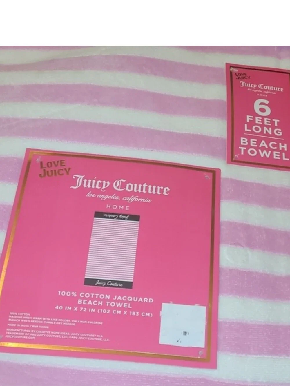 Juicy Couture Pink and White Striped Logo Beach Towel with Black Logo Band